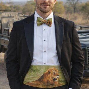Safari Lion Print Cummerbund & Bow Tie Set - Elegant Animal-Themed Formal Wear